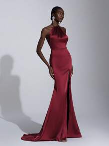 Elitara 优雅的勃艮第缎面挂脖鱼尾侧高开衩露背交叉系带深 V 领长裙，适合正式场合、派对、度假、礼服、晚会、婚礼宾客