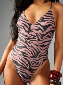 MISSGUIDED 现代动物印花女式高腰连体泳衣连体海滩度假夏季泳池泳衣高级时尚热带度假服系列 - 棕色 - 查看 5