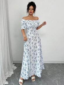 Elenzga Spring/Summer Elegant Vacation Casual Puff Sleeve Square Neck Waisted Slim Long Dress For Women