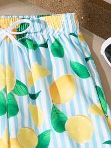 SHEIN Tween Boy Summer Tropical Fruit Print Elastic Waist Drawstring  Beach Shorts, Stylish Casual Striped Swim Trunks Summer Holiday - Multicolor - View 4