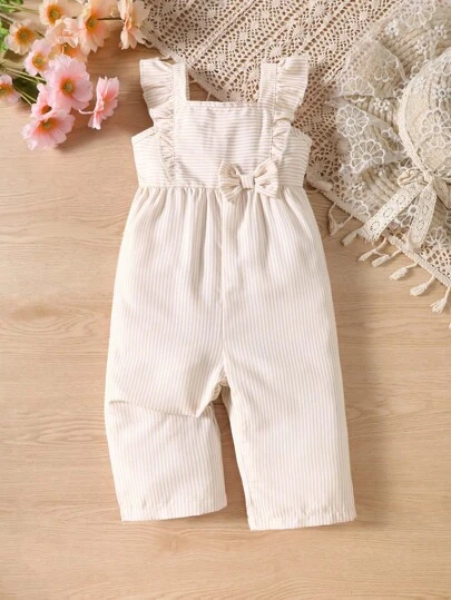 SHEIN Vintaside Kids Vår/sommar Ny bebis/småbarnsflicka Fritidsmode Semester Volanger ärm Randig vävd rosett Fram Gul Jumpsuit