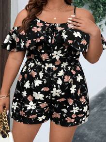 SHEIN CURVE+ Plus Size Women Floral Print Ruffle Off Shoulder Casual Jumpsuit - Multicolor - View 4