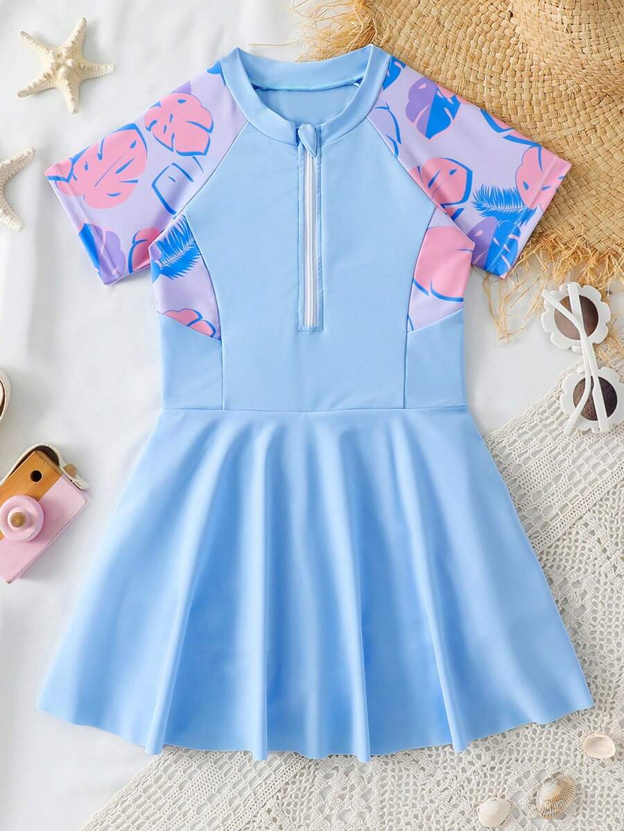 SHEIN 年轻女孩简约时尚休闲日常运动连体泳衣 - 彩色 - 查看 1
