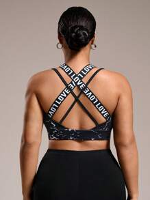 Easithlete Plus Size Women Letter Print Elastic Sport Yoga Bra