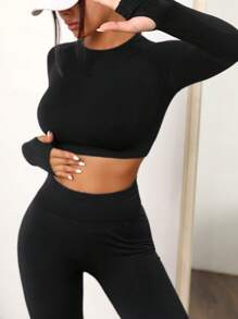 Seamluxe SHEIN Sport Women's Solid Raglan Sleeve Sports Set Outfit Set Workout Women Set - Black - View 5