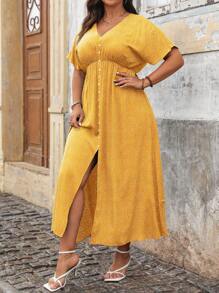 Franclia Vestito da donna taglie forti con stampa a pois, scollo a V profondo, maniche corte, abito lungo