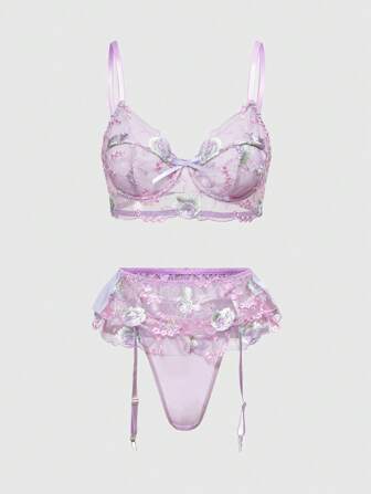 Sweetness Ensemble de 3 pièces Soutien-gorge matelassé avec arceau et nœud en broderie florale de printemps/resort, fait main