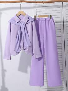 Teen Girl Casual Dolman Sleeve Shirt + Straight Leg Pants Set - Purple - View 1