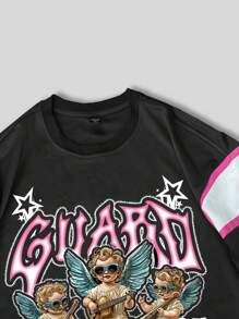 ROMWE MEN Street Life Men Prep Number Cyber Angel Print Loose Fit T-Shirt - Black - View 3