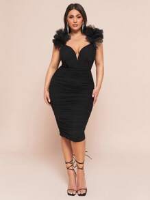 SHEIN BAE 大码女式黑色钢圈网眼装饰中长连衣裙，毕业季 - 黑色 - 查看 3