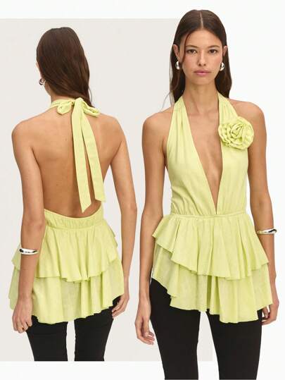 Nöista Pastel Lime Linen Halter Top With Floral Rose Detail, Elastic Waist Strap, And Asymmetrical Ruffles At The Hem. Perfect For Spring Or Summer Occasions Like Easter.