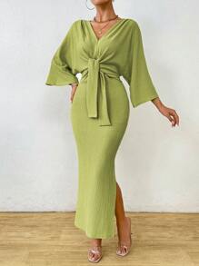 Celisse 女式简约纯色 V 领系腰中长连衣裙，女士优雅结饰，开叉大腿七分袖 V 领常规版型长款绿色蝙蝠袖纯色修身女式长裙，春/秋，休闲日常穿着超长女装 - 綠色 - 查看 5