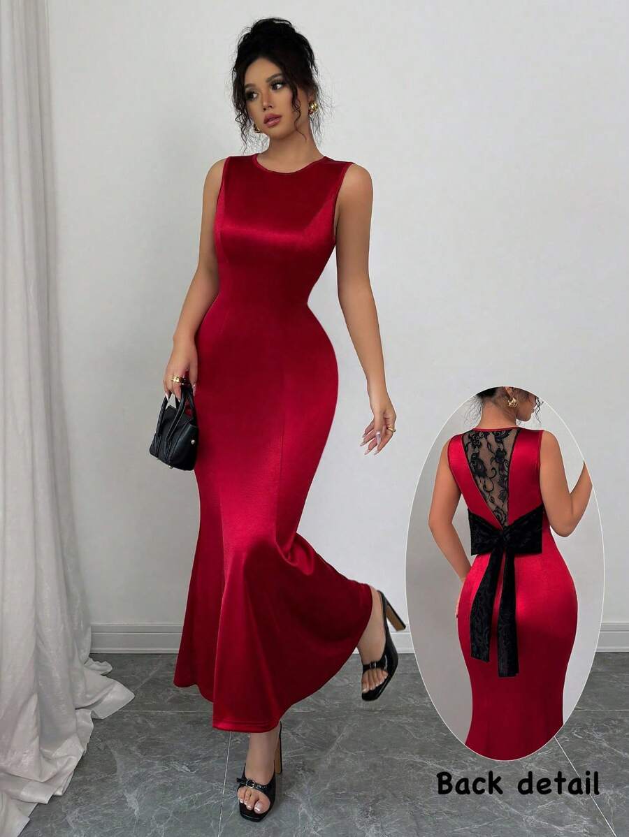 Elenzga Sleeveless Round Neck Lace Hollow Back Bow Mermaid Hem Stretch Satin Fitted Elegant Sexy Dress