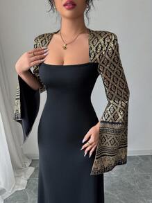 Chiquease Women Elegant Gold Foil Contrast Color A-Line Dress Fall Cloth For Women - Black - View 6