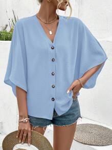 Blusa de mujer con escote en V y mangas tipo murciélago - Azul - Ver 6