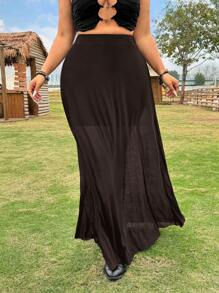 SHEIN EZwear Plus Size White Mesh Maxi Skirt: Flowy, Casual, And Stylish For Summer - Brown - View 3