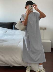 Livesso Summer New Loose Casual Solid Color Round Neck T-Shirt Style Women Mid-Length Dress Sundress - Grey - View 7