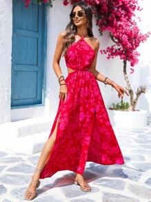 Vivid Eden Vestido Longo Floral com Cintura Vazada e Sem Mangas para Verão, para Férias
