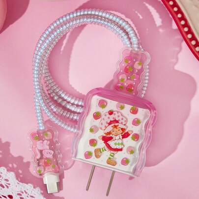 Strawberry Shortcake X SHEIN Skyddsfodral med jordgubbs-, blom- och kattmönster och tryckt gradientmönster för laddningshuvud, kompatibelt med Apples laddningshuvud (ingen datakabel ingår), presentidéer, sommar/vår, strand, semester