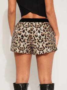 SHEIN SXY 亮片串珠豹纹松紧腰休闲短裤