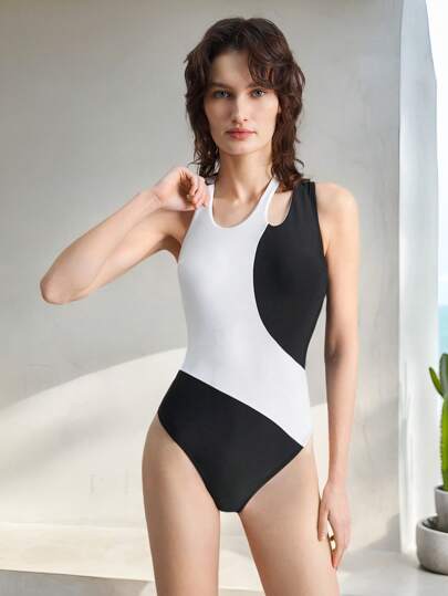 Ontre 2025 度假女士不对称领口撞色连体泳衣