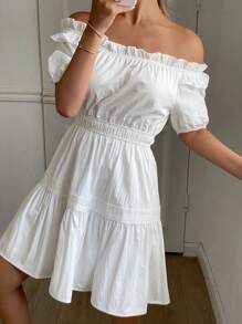 Livesso Lato Nowość Jednolity Kolor Biznesowy Casual Plaża Wakacje Szorty Mini Sukienka Dla Kobiet, Falbana - Biały - Zobacz 6