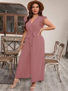 EMERY ROSE 大码假日休闲纯色盖袖连体裤 - 藕粉色 - 查看 3