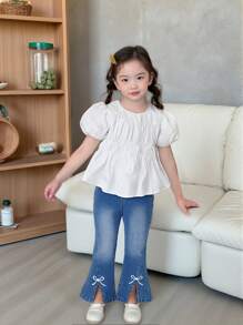 Young Girl Cute Casual Bow Embroidered Elastic Waist Washed Blue Flared Jeans,Holiday,Summer,Travel - Medium Wash - View 1