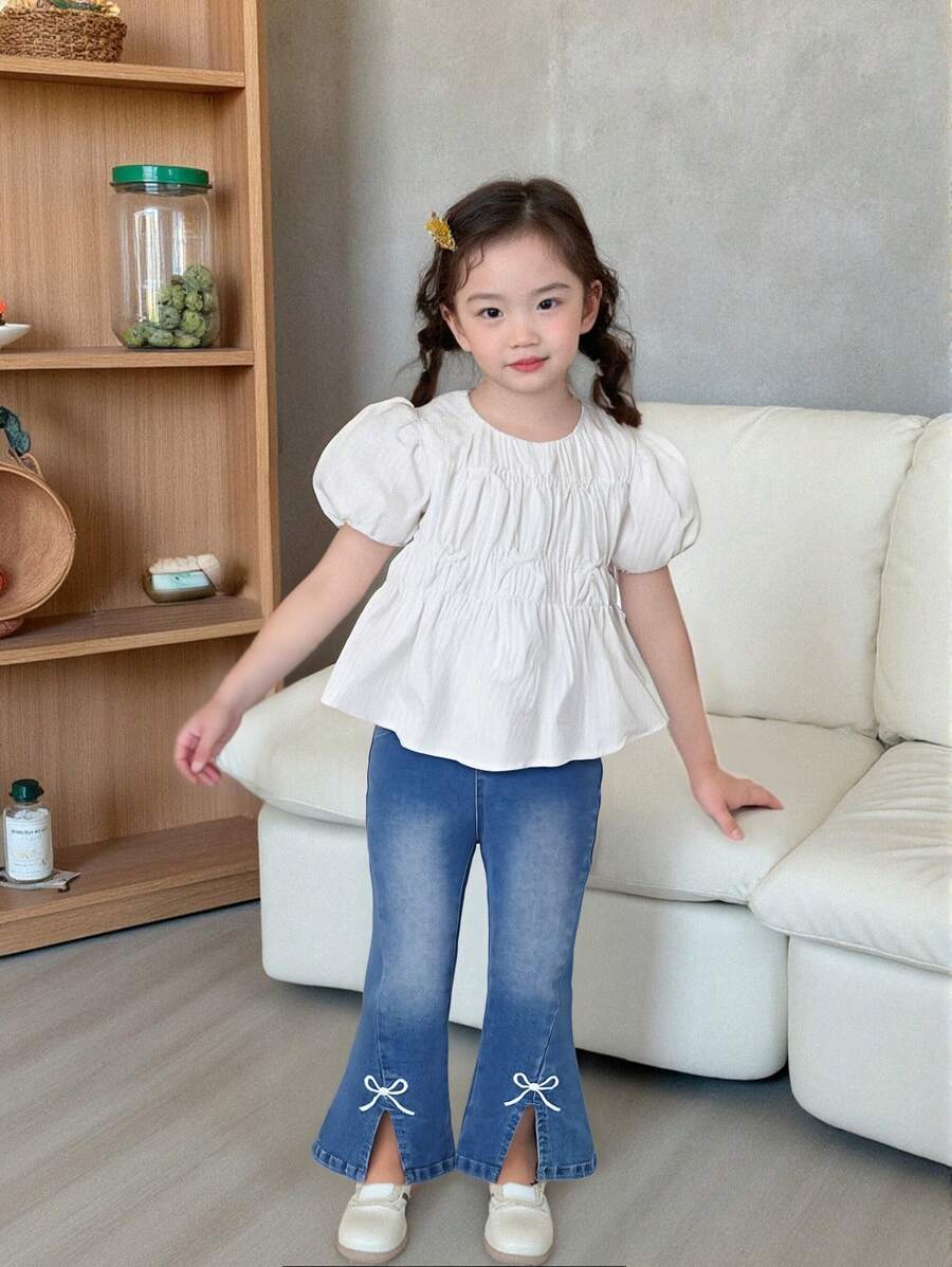 Young Girl Cute Casual Bow Embroidered Elastic Waist Washed Blue Flared Jeans,Holiday,Summer,Travel - Medium Wash - View 1