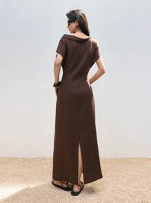 LYSMO 2025 Neuankömmling Damen langes braunes Kleid mit Volantärmeln, Taillenband und Rückenschlitz, Lässig Urlaub, Landhausstil