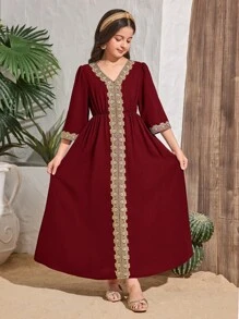 SHEIN Leap Crew Tween Girls' Elegant V-Neck Long Sleeve Dress - Red - View 4