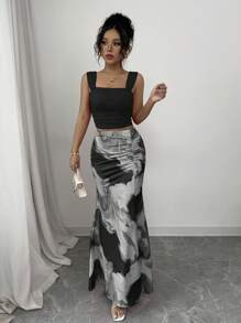 Elenzga Romantic Tie Dye Print Ruffle Collar Tank Top And Skirt 2Pcs Set