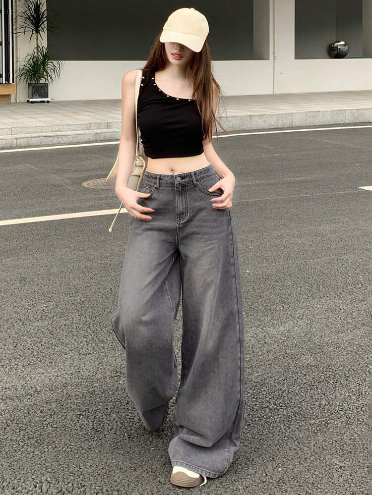 Casual Distressed Wide Leg Loose Denim Jeans Low Rise Jeans