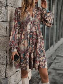 SHEIN LUNE Paisley Print Lantern Sleeve Ruffle Hem Smock Dress - Multicolor - View 6