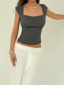Aloruh Áo thun crop top hở ngực cổ vuông cổ điển siêu gợi cảm - Xám - Xem 6