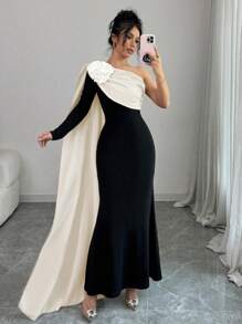 Elenzga Women Dress With Asymmetrical Open Shoulder & 3D Floral Design Maxi Women Outfit