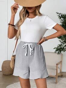 EMERY ROSE Women's Casual Grey Woven Fabric Shorts With Ruffle Hem And Drawstring Waist - Grey - View 6