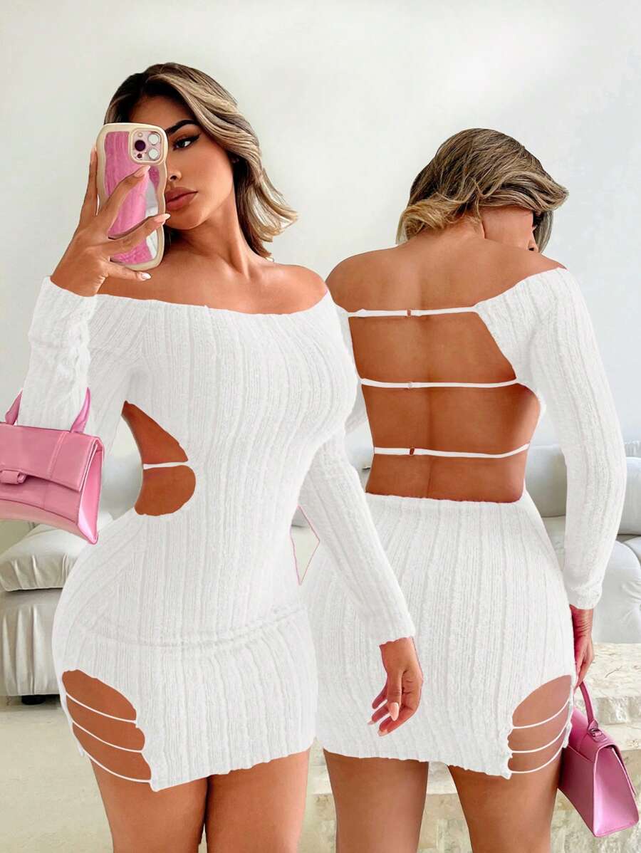 VaVaBold 女士性感露肩露背迷你连衣裙，秋季 - 白色 - 查看 1
