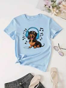 Camiseta de punto casual de manga corta con estampado de perro salchicha de dibujos animados con auriculares, adecuada para festivales de música en primavera/verano, para mujer