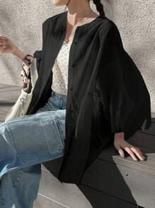 FRIFUL Women's Layered Ruffle Trim Loose Shirt,Fall Clothes,Babydoll Top - Black - View 6