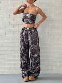 SHEIN PETITE Set da 2 pezzi da donna, top a fascia con stampa di foglie appassite vintage e pantaloni larghi casual, per l'autunno