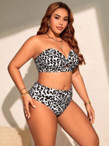 Slaydiva 2015 新款大码女式性感时尚豹纹开叉扭纹前抹胸高腰三角泳衣两件套，度假装 - 黑與白 - 查看 3