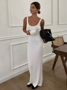 Livesso Damen ärmellose lange einfarbige Lässig Strickkleid, Sommer Damen Pulloverkleid - Weiss - Übersicht 6