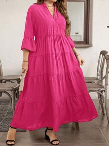 SHEIN LUNE Robe maxi en ligne A col V texturée de couleur unie décontractée grande taille