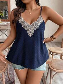 INAWLY Plus Size Color Block Lace Patchwork Camisole Top Graphic Tees Women Tops