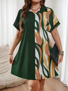 SHEIN LUNE Plus Size Solid Color Splicing Button Up Short Sleeve Casual Mini Dress Summer Spring Outfits For Women St Patrick Office Outfits For Women Business Casual Woman Dress Easter Vacation - Multicolor - View 3