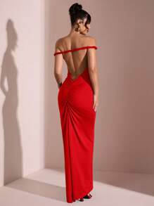 SHEIN BAE Elegant Off Shoulder Backless Bodycon Ruched Wine Red Long Dress For Women, Suitable For Valentine's Day Date