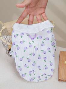 PETSIN Pastel Purple Tulip Print Hollow Out Ruffle Trim Lightweight Summer Shirt, Breathable Casual Style For Outgoing And Pet Leash - Dusty Purple - View 2