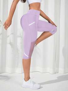 SHEIN Sports 女士拼接网眼健身 3/4 紧身裤、日常健身运动短裤 - 紫色 - 查看 4