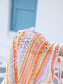 Skyraze Women's Vacation Casual Contrast Stripe Halter Neck Knit Top,Knit Floral Hollow Swimsuit Cover Up,  Summer Beach Vacation - Multicolor - View 6